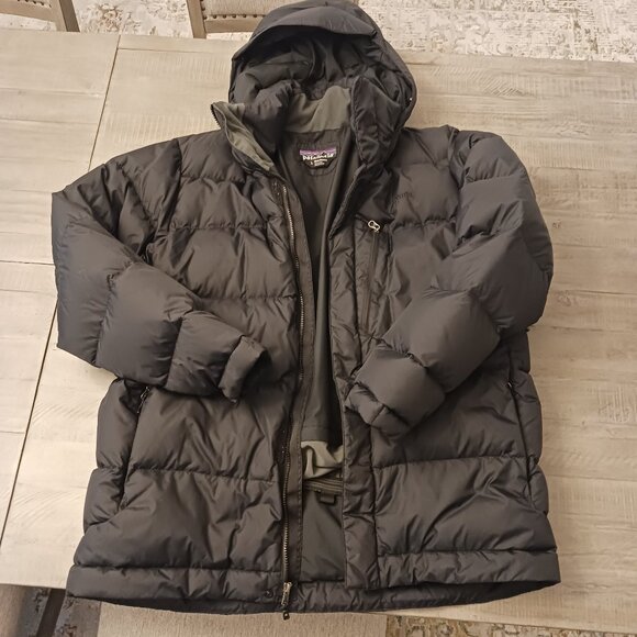 Patagonia DoubleDown Parka Jacket Down Fill Jacket Puffer Black Hooded sz L